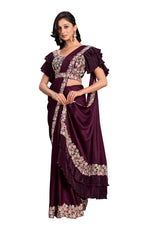Wine Crape Satin Silk Embroidered Ready to Wear Saree